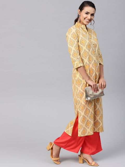 

Jaipur Kurti Women Yellow & Orange Printed Straight Kurta