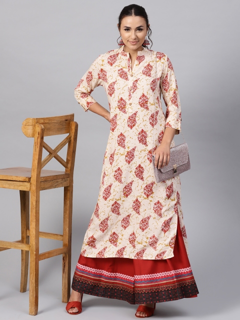 

Jaipur Kurti Women Cream-Coloured & Pink Printed Straight Kurta
