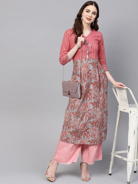 

Jaipur Kurti Women Grey & Pink Floral Print Straight Kurta