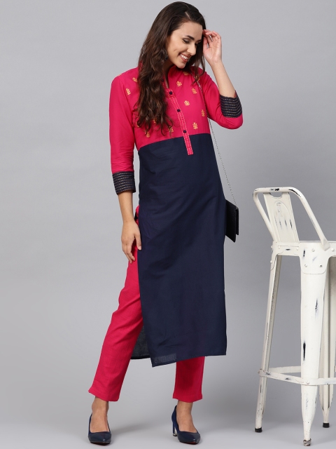 

Jaipur Kurti Women Navy Blue & Pink Colourblocked Design Kurta with Trousers