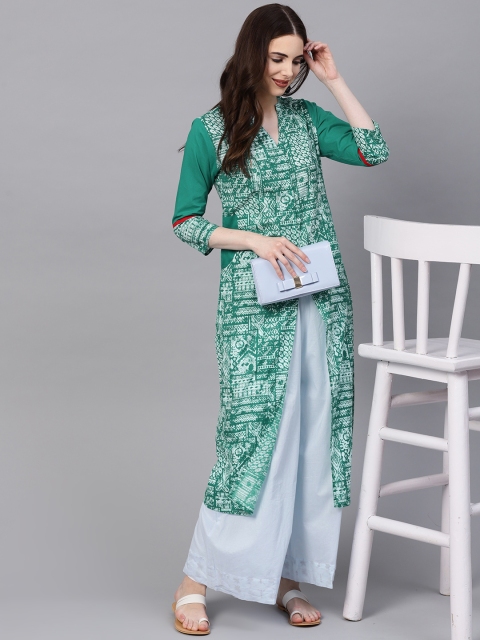 

Jaipur Kurti Women Green & White Printed High-Slit A-Line Kurta