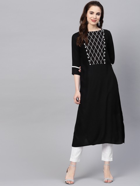

Jaipur Kurti Women Black & White Yoke Design Kurta with Trousers