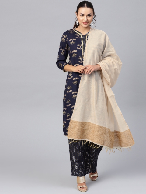 

Jaipur Kurti Women Navy Blue & Golden Printed Kurta with Palazzos & Dupatta