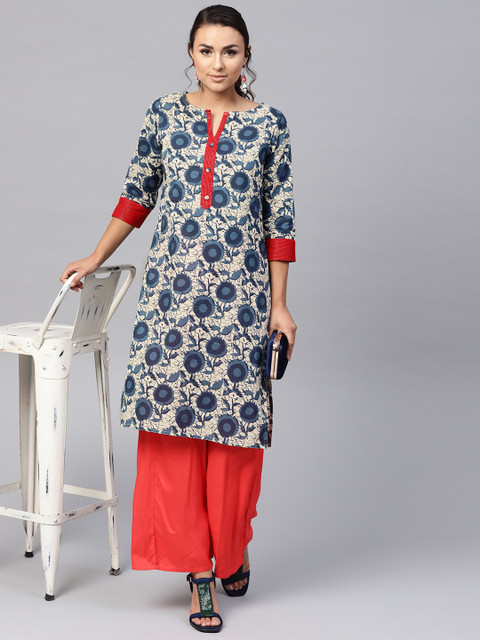 

Jaipur Kurti Women Blue & Cream-Coloured Printed Straight Kurta