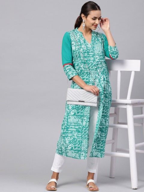 

Jaipur Kurti Women Green & White Printed Kurta with Trousers
