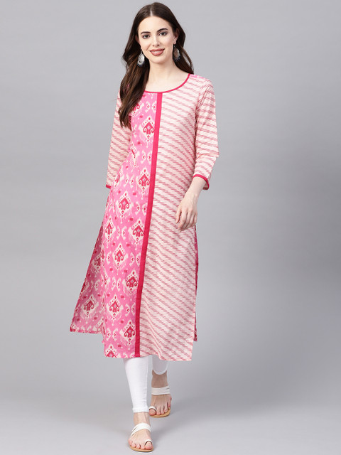 

Jaipur Kurti Women Pink & White Ikat Print Straight Kurta