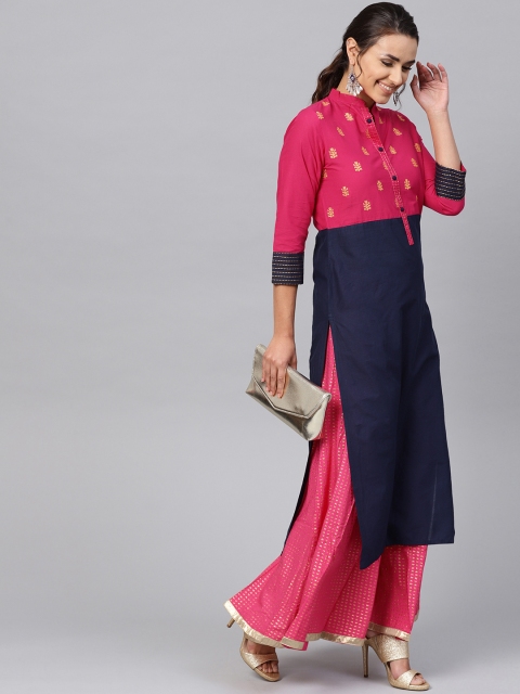 

Jaipur Kurti Women Navy Blue & Pink Colourblocked Straight Kurta