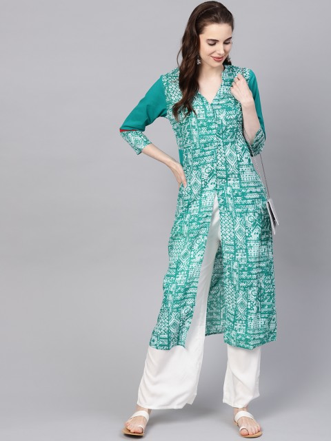 

Jaipur Kurti Women Green & White Printed Kurta with Palazzos