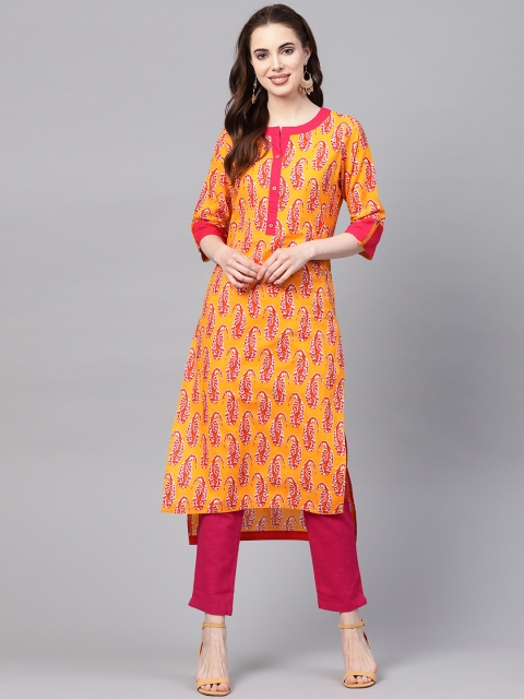 

Jaipur Kurti Women Mustard Yellow & Pink Printed Kurta with Trousers