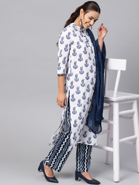 

Jaipur Kurti Women White & Blue Printed Kurta with Palazzos & Dupatta