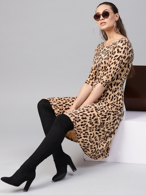 

SASSAFRAS Women Beige & Black Animal Print A-Line Dress