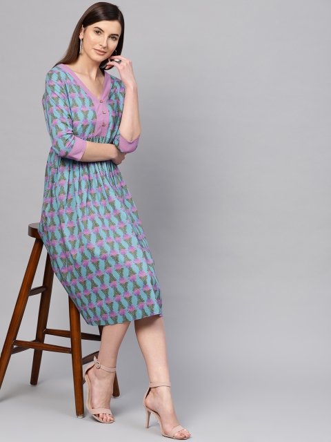 

SASSAFRAS Women Blue & Pink Printed A-Line Dress
