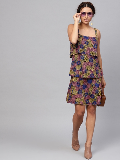 

SASSAFRAS Women Black & Pink Printed A-Line Dress