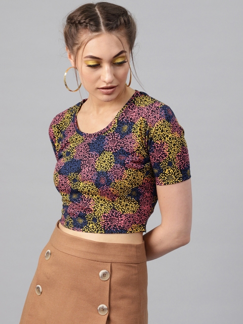 

SASSAFRAS Women Black & Pink Printed Fitted Crop Top