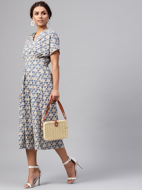 

SASSAFRAS Women Beige & Blue Printed Wrap Dress