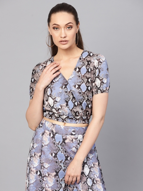 

SASSAFRAS Women Blue Snakeskin Print Crop Wrap Top