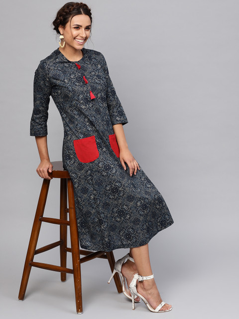 

SASSAFRAS Women Navy Blue Printed Midi A-Line Dress