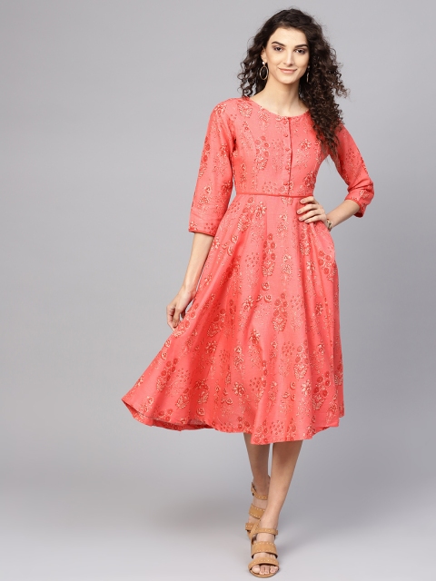 

SASSAFRAS Women Coral Orange Floral Print Fit and Flare Dress