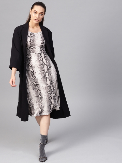 

SASSAFRAS Women Off-White & Grey Snakeskin Print A-Line Dress