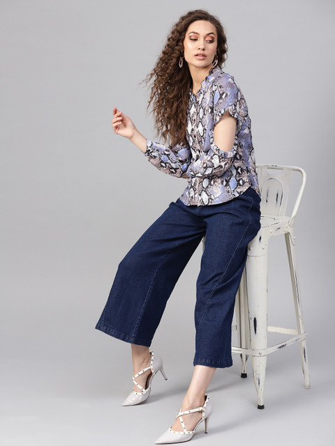 

SASSAFRAS Women Blue & Grey Animal Print Shirt Style Top