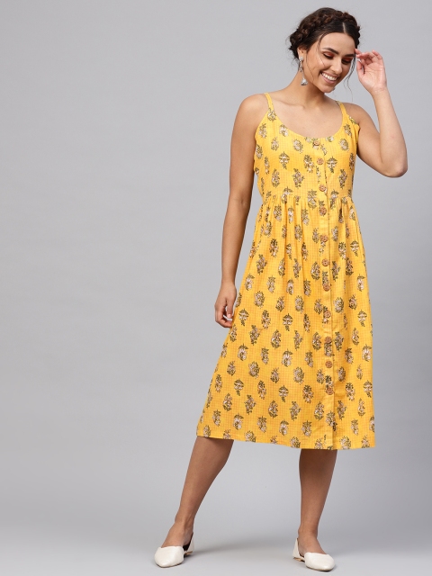 

SASSAFRAS Women Yellow Printed Midi A-Line Dress