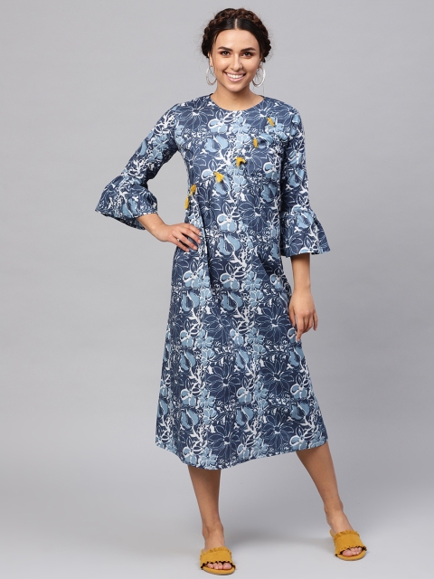 

SASSAFRAS Women Navy Blue Printed A-Line Dress