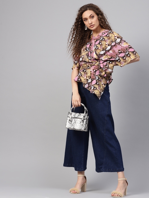 

SASSAFRAS Women Pink & Yellow Snakeskin Print Wrap Top