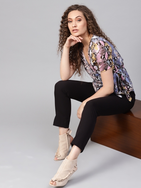 

SASSAFRAS Women Blue & Pink Snakeskin Print Wrap Top