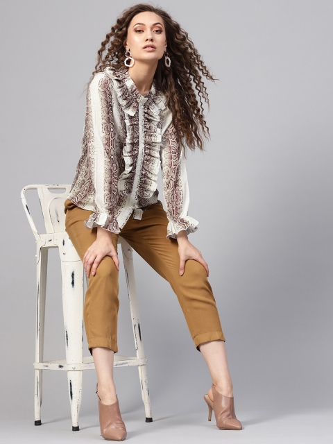 

SASSAFRAS Women Brown & White Animal Print Shirt Style Top