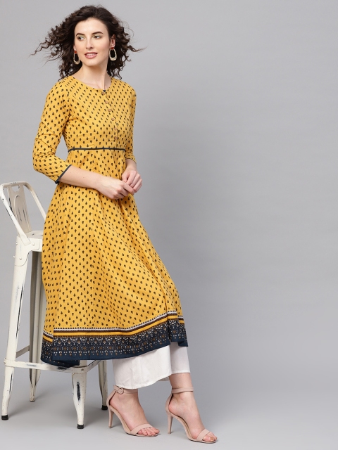 

SASSAFRAS Women Mustard Yellow Printed A-Line Kurta