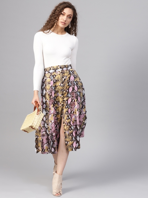 

SASSAFRAS Women Pink and Yellow Printed A-Line Skirt