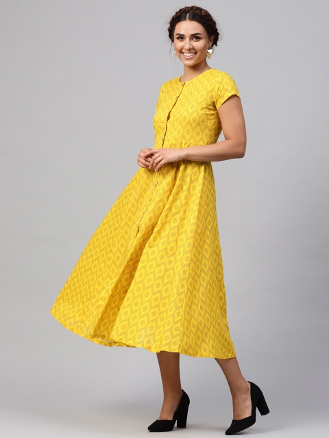 

SASSAFRAS Women Yellow Printed A-Line Dress