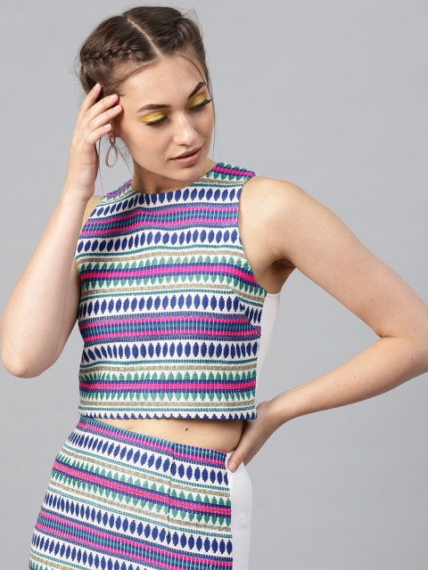 

SASSAFRAS Women Off-White & Blue Woven Design Fitted Crop Top