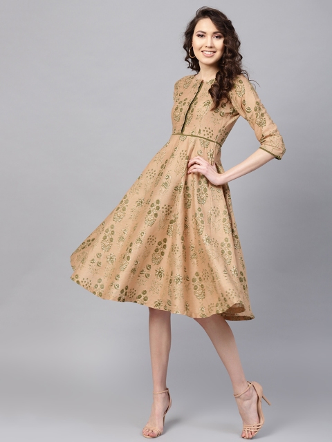 

SASSAFRAS Women Beige & Green Printed A-Line Dress