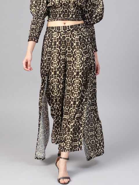 

SASSAFRAS Women Black & Beige Regular Fit Animal Print Parallel Trousers