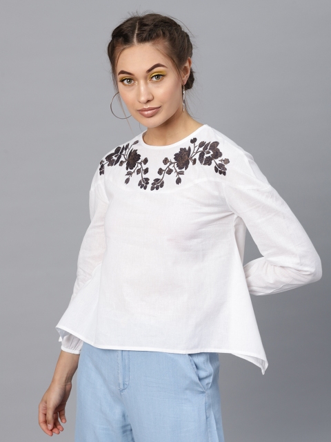 

SASSAFRAS Women White Embroidered Detail A-Line Pure Cotton Top
