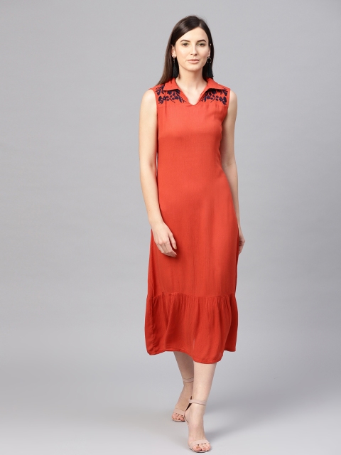 

SASSAFRAS Women Rust Orange Solid Midi A-Line Dress