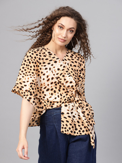

SASSAFRAS Women Beige & Black Animal Printed Wrap Top
