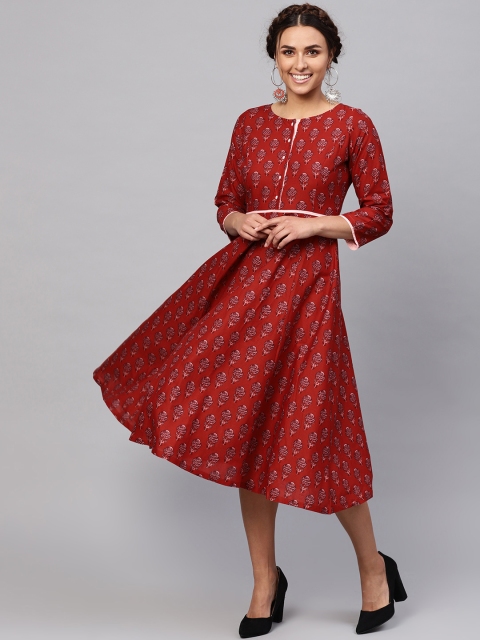

SASSAFRAS Women Maroon Printed A-Line Dress