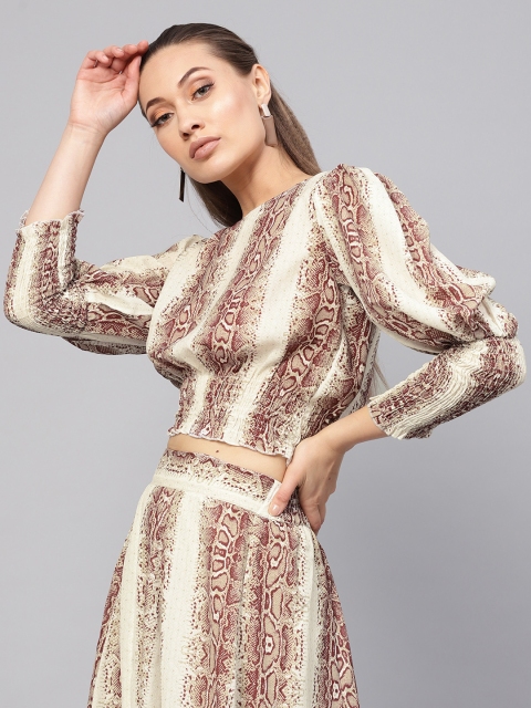 

SASSAFRAS Women Beige Snakeskin Print Crop Blouson Top
