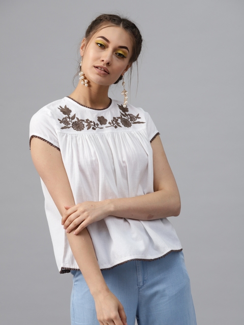 

SASSAFRAS Women White Embroidered Detail A-Line Pure Cotton Top