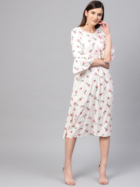 

SASSAFRAS Women White & Pink Printed A-Line Dress
