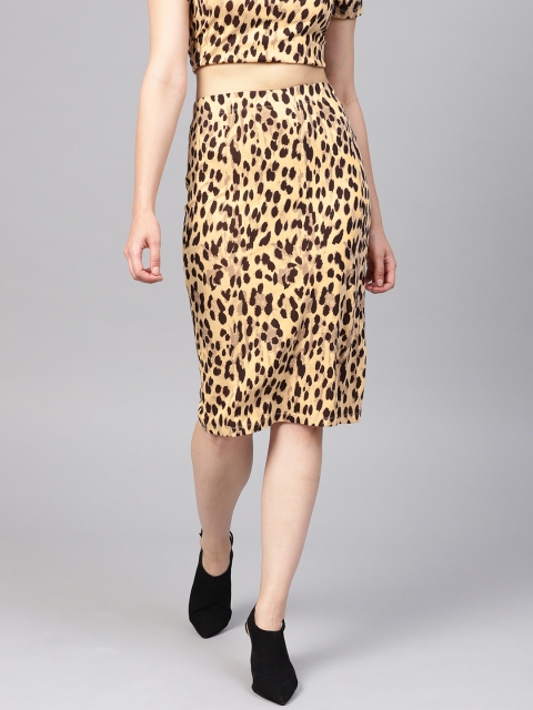 

SASSAFRAS Women Beige & Brown Cheetah Pencil Skirt