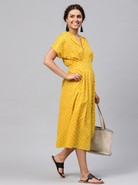 

SASSAFRAS Women Yellow & Black Printed Wrap Dress