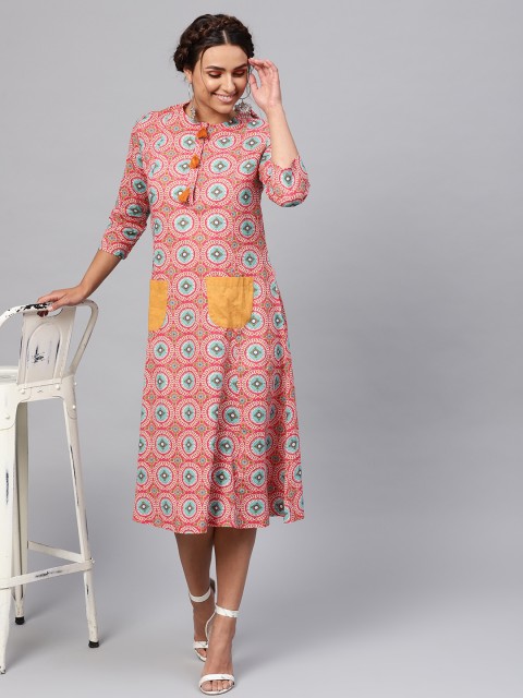 

SASSAFRAS Women Pink & Blue Printed A-Line Dress