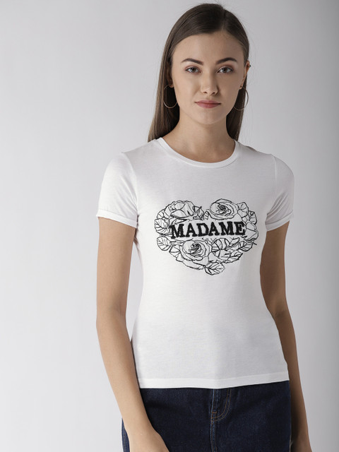 

Madame Women White Embroidered Round Neck T-shirt with Embellished detail