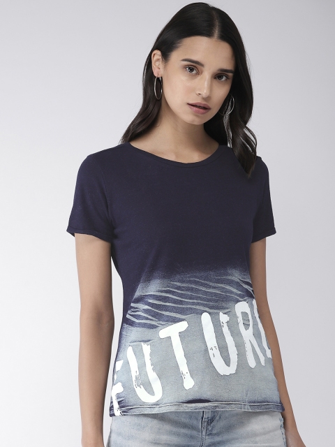 

Madame Women Navy Blue Printed Round Neck T-shirt
