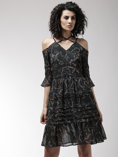 

Madame Women Green & Maroon Printed Cold-Shoulder A-Line Dress