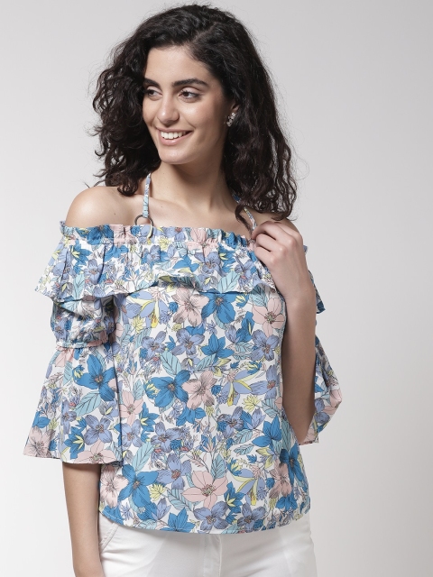 

Madame Women White & Blue Floral Print Bardot Top