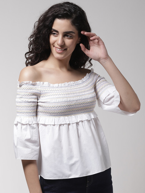 

Madame Women White Striped Bardot Top